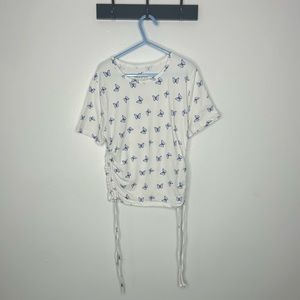 Hollister Women's Must-Have Small White With Blue Butterfly Baby Tee Crop Ruched